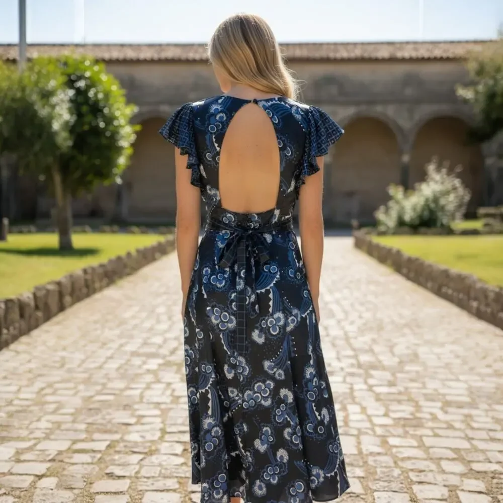 Celia Birdwell Top Shop Blue Floral Dress Vintage Ruffled Open Back Silky Sz 8 - Picture 2 of 13